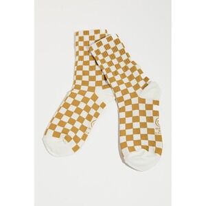 NEW Crew Mustard Yellow White Checkerboard Pattern Ribbed Crew Socks